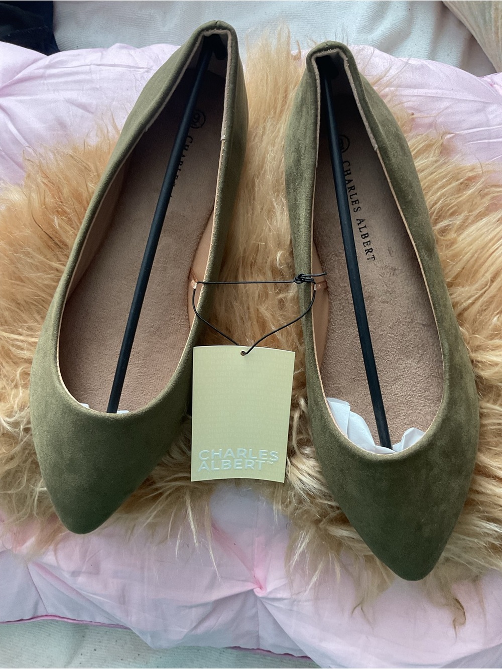 Charles Albert Olive Pointed-Toe Suede Ballet Flats